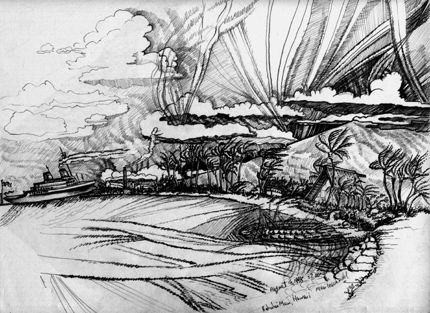 Image:  Ship is in the Kahului Harbor.   Artist Robert J. Fairbanks, M. A.